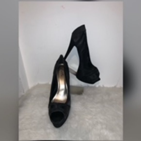 Black Suede and Satin Stiletto Peep Toe - Picture 5 of 5